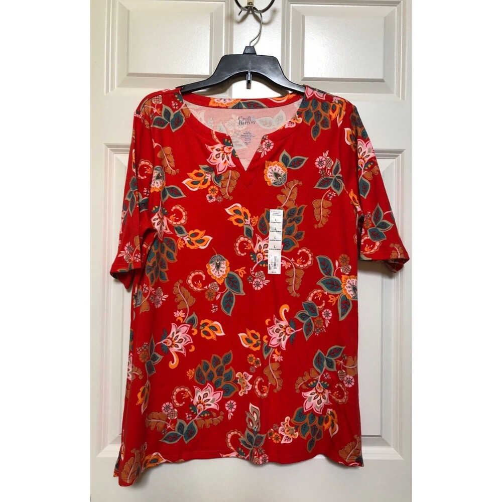 CROFT & BARROW WOMEN'S SIZE LARGE ORANGE FLORAL TOP SPLITNECK